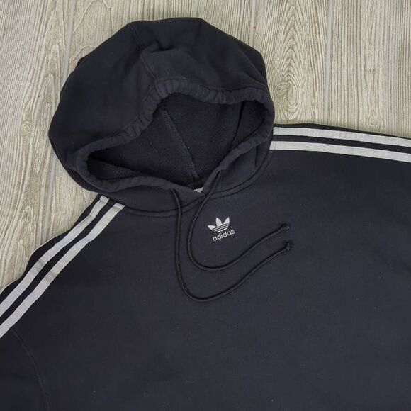 Adidas Womens Medium Cropped Pullover Hoodie Sweatshirt Black White Stripes - Picture 5 of 10